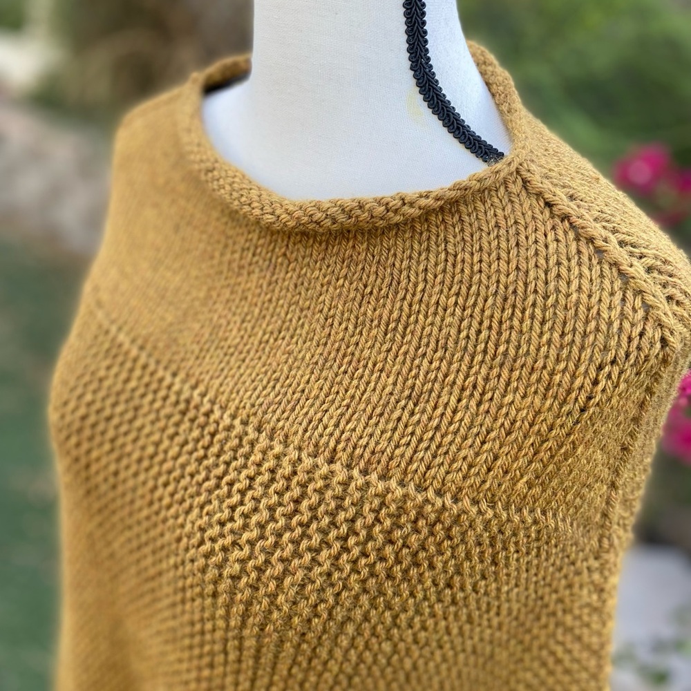 Hand knit roll neck soft wool mustard asymmetrical fall poncho sweater